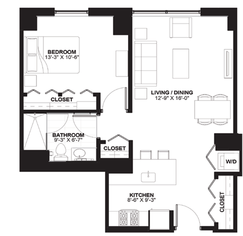 Floor plan for 1 bed, 1 bath, 738 sqft
